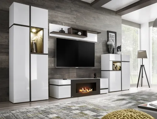 ASM-Moebel Wohnwand CROSS CS-K Hochglanz mit Bio-Ethanol Kamin - Moderne Wohnwand mit Hochglanz- und Lamellenfronten, inkl. Bio-Ethanol Kamin und LED-Beleuchtung für stimmungsvolles Ambiente. Ideal für stilvolle Wohnräume.