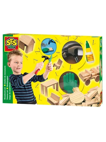 Woodwork Set für Kinder - Kunststoffspielzeug mit sicherem Holzwerkzeug-Set, fördert Selbstvertrauen und Feinmotorik beim kreativen Gestalten.