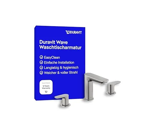 Duravit Wave Waschtischarmatur (Auslauf Höhe 108 mm), 3-Loch Wasserhahn Bad, Armatur Waschbecken, Edelstahl gebürstet