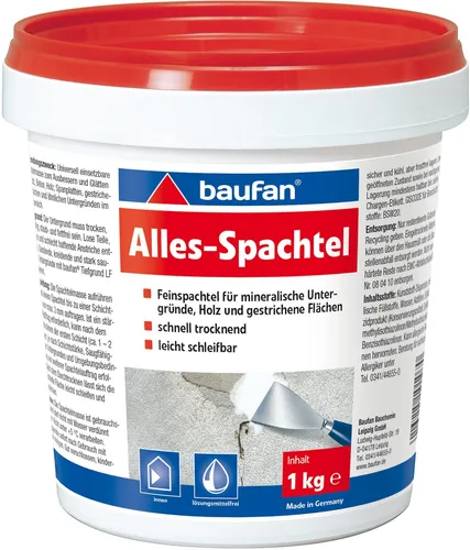 Baufan Alles-Spachtel (Feinspachtel) 1 kg - Hochwertige Spachtelmasse für glatte Oberflächen, ideal für Reparaturen und Ausbesserungen in Mörtel, Putz, Zement & Gips.