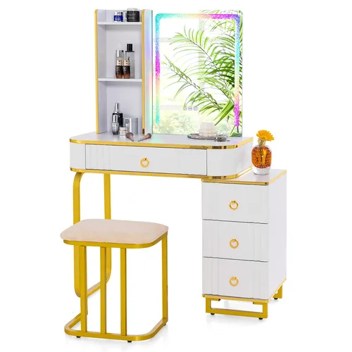 COSTWAY Schminktisch mit LED-Beleuchtung & kabelloser Ladestation, Weiß - Eleganter Schminktisch mit RGB-LED-Spiegel, Touch-Schalter und praktischer Fernbedienung. Ausgestattet mit 4 Schubladen und USB-Anschluss für eine optimale Aufbewahrung und Nutzung.