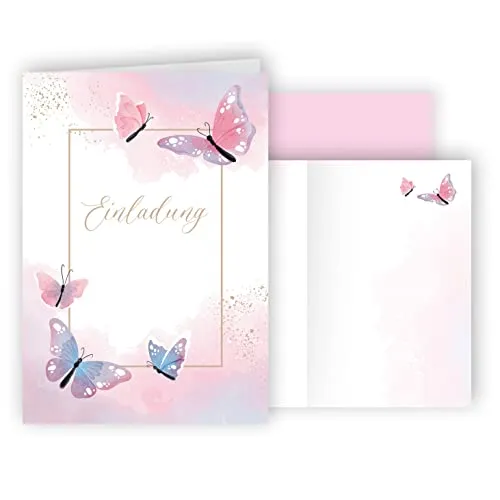 10x Einladungskarten Schmetterling Aquarell mit Umschlägen Klappkarten Einladung Party Geburtstag Kinder Kindergeburtstag Umschläge elegant Hochzeit Jubileum 20 30 40 50 60 70 80