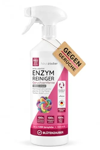 hauszauber - Enzymreiniger [STARKER GERUCHSENTFERNER] 1000 ml - Gegen Katzenurin, Nikotin, Tiergerüche etc. - Schlechte Gerüche aus Auto & Teppich entfernen - Geruchsentferner - Blütenzauber