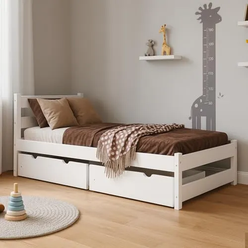 MEBLE WRÓBEL Kinderbett 80x180 cm mit 2 Schubladen - Kiefer Massivholz Einzelbett in Weiß - 🌙 PRAKTISCHES MONTESSORI BETT: Offenes Kinderbett 80x180 cm fördert Selbstständigkeit und Bewegungsfreiheit. Robust aus FSC-zertifiziertem Kiefernholz gefertigt, bietet es Stabilität und Sicherheit für den täglichen Gebrauch.