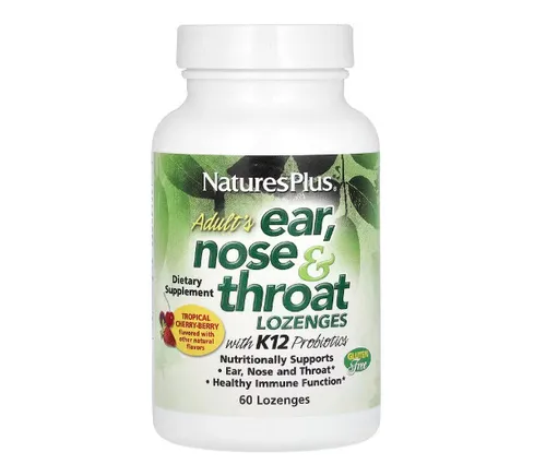 NaturesPlus K12-Probiotika für Ohren, Nase & Hals - Nahrungsergänzungsmittel mit K12 Probiotikum und Zink, für optimale Hals-, Nasen- und Ohrengesundheit. Leckerer Kirsche-Beere Geschmack in praktischen Lutschtabletten.
