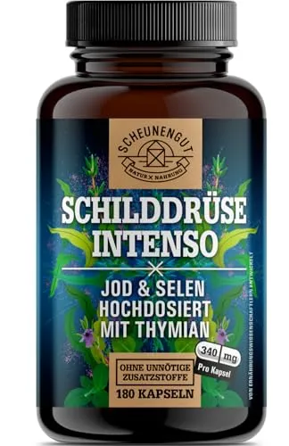 SCHILDDRÜSE INTENSO® - Vegan Jod Tabletten für Schilddrüsenunterfunktion - Jodpräparate mit 155µg Jod pro Kapsel, enthalten bioverfügbares Selen und Thymian für eine optimale Schilddrüsenfunktion. 180 Tage Unterstützung für Ihre Gesundheit.