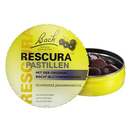 Nelsons GmbH BACHBLÜTEN Original Rescura Pastillen Schwarze Johannisbeere 50 g - Arzneimittel für mehr Gelassenheit im Alltag – zuckerfreie Pastillen mit Original Bach-Blütenmischung, ideal bei Prüfungsstress und Nervosität, perfekt für unterwegs.