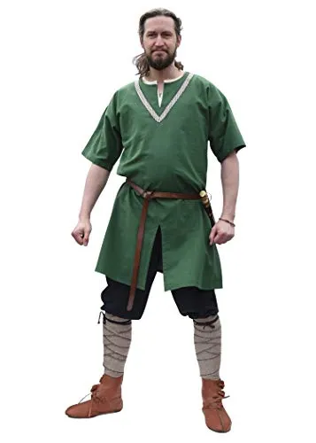 Battle-Merchant Mittelalter Tunika Ailrik | Baumwoll Tunika mit Bordüre für Herren | Kurzarm Wikinger Hemd | Krieger Verkleidung für Karneval (Grün/S)