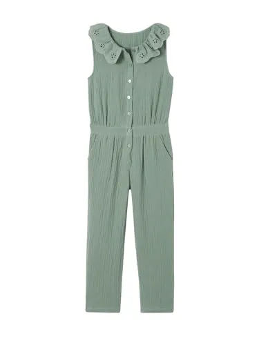Vertbaudet Mädchen Jumpsuit aus Musselin, bestickter Kragen salbeigrün 110 - Stylischer Jumpsuit aus leichtem Musselin mit besticktem Kragen. Ideal für warme Tage, mit elastischer Taille und praktischen Vordertaschen.