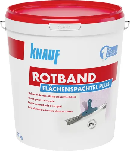 Knauf Rotband Flächenspachtel Plus 20 kg - Eisenwaren Spachtelmasse, ideal für schnelle und einfache Wand- und Deckensanierung mit hervorragender Haftung und Verarbeitung.