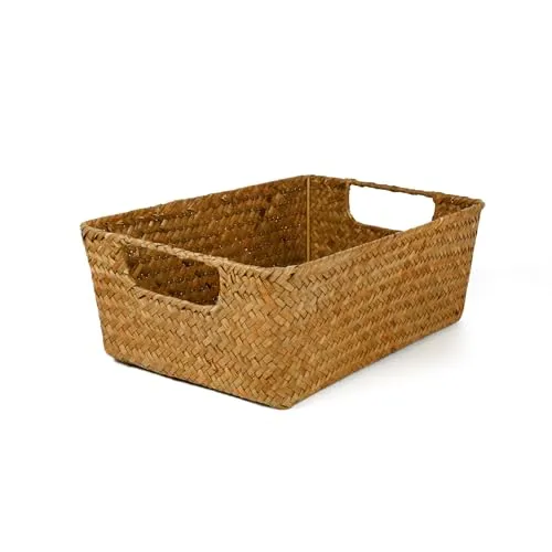 Rechteckiger Aufbewahrungskorb aus Seegras mit Griff Rattankorb korb geflochten Wäschekorb gewebter Weidenkorb Handtuchkorb handgefertigter Aufbewahrungskorb Regale und Schreibtische 30X20X10CM
