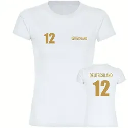multifanshop T-Shirt Damen Deutschland - Trikot Nummer 12 Gold - Größe XL - Sportliches Damen-T-Shirt aus 100% Baumwolle in Weiß, ideal für Fans. Bequem und stylisch für jeden Anlass, mit Rundhalsausschnitt und kurzen Ärmeln.