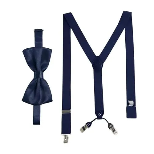 Massi Morino Hosenträger mit Fliege Dunkelblau Set für Herren und Damen I Y-Form Träger elastisch mit extra starken Clips - 3,5cm breit - längenverstellbar I Vorgebundener Schlips für Anzug