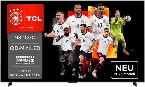 TCL 98Q7CX7 QLED Mini LED-Fernseher - 4K Ultra HD Smart-TV mit 98 Zoll und Bang & Olufsen Audio, bietet beeindruckende Bildqualität und eine Vielzahl von Streaming-Apps für ein unvergessliches Fernseherlebnis.