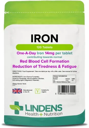 Lindens Eisen 14 mg Tabletten | 120 Verpackung | Bekämpft Müdigkeit und Erschöpfung, unterstützt den Sauerstofftransport im Blut, die Bildung roter Blutkörperchen sowie kognitive Funktionen
