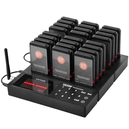 VEVOR Kabelloses Restaurant-Pager-System mit 24 Piepsern - Kabelloses Warteschlangensignal für Imbisswagen und Kirchen, 400 m Reichweite, mit Vibration und Blinklicht. Benutzerfreundlich und ideal für effiziente Gästebewirtschaftung.