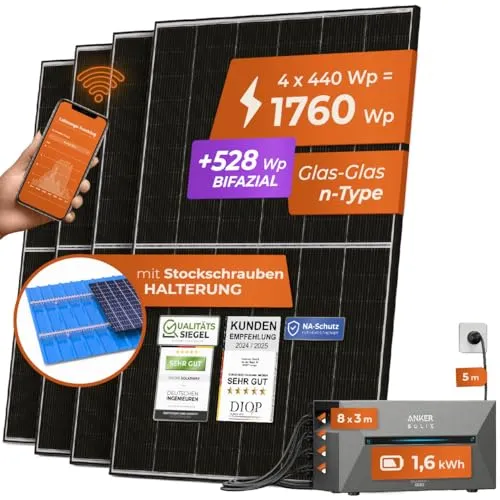 Solarway® All In One Balkonkraftwerk mit Speicher 1800W komplett Steckdose - 1,6 kWh Anker Solix 2 PRO Speicher - Solaranlage Komplettset - 440W Solarmodule & Anker Speicher & Zubehör