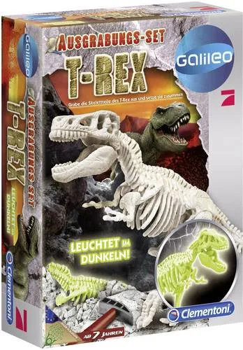 Clementoni Galileo T-Rex Glow in the Dark 69404.4 - Entdecke die Welt der Paläontologie! Kinder graben ein leuchtendes T-Rex-Skelett aus und lernen spielerisch über prähistorische Tiere. Inklusive Hammer, Meißel und informativem Poster. Ideal für kleine Forscher ab 7 Jahren.
