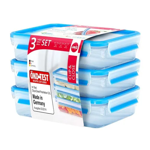 CLIP & CLOSE Frischhaltedosen Set 1,2 Liter, transparent/blau, rechteckig - Praktisches Set mit 3 rechteckigen Dosen (1,2 Liter) aus robustem Material. Mikrowellengeeignet und spülmaschinenfest – ideal für die Aufbewahrung von Lebensmitteln.