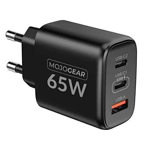 MOJOGEAR Charge+ 65-Watt-Ladegerät mit 2 USB-C-Anschlüssen und 1 USB-Anschluss – Ladegerät/Adapter in sehr kompakter Größe – Kompatibel mit iPhone und Samsung - Schwarz
