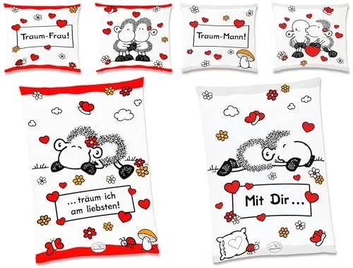 JACK Renforcé Partner Bettwäsche Sheepworld 4 TLG. – Traum Mann & Frau 135x200cm - Bettwäsche-Sets mit witzigem Schäfchen-Motiv, 100% Baumwolle, 4-teilig, atmungsaktiv und pflegeleicht, ideal für ein liebevolles Schlafzimmer.