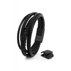 Akitsune Pax Lederarmband | Armschmuck Damen Herren Magnetisch Armband - Mattschwarz - Schwarz 21cm