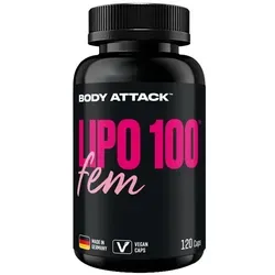 Body Attack LIPO 100 FEM - 120 Kapseln - Diätprodukt speziell für Frauen, fördert den Fettstoffwechsel mit einer hochdosierten veganen Formel, ideal für eine gesunde Gewichtsreduktion.