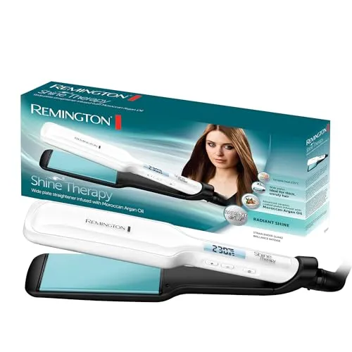 Remington Glätteisen Shine Therapy S8550 - Glätteisen mit hochwertiger Keramikbeschichtung, angereichert mit Arganöl und Vitamin E für strahlenden Glanz. 9 Temperatureinstellungen und schnelle Aufheizzeit von 15 Sekunden.