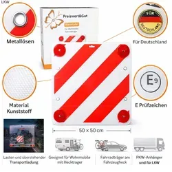 Warntafel Kunststoff 50x50 Rot-Weiß mit Rückstrahlern - Warnschild für Wohnwagen mit 4 Rückstrahlern, ideal für sicheres Parken und Transport. Robustes Kunststoffmaterial, perfekt für den Einsatz in der Wohnmobilausstattung.