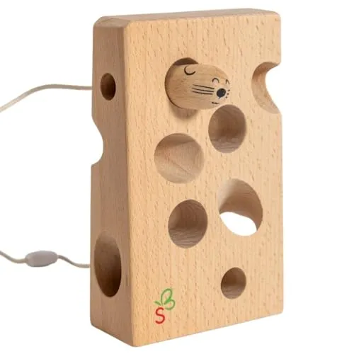 SCHMETTERLINE® Fädelspiel aus Holz – extra großes Fädelspielzeug – Montessori Motorik-Spielzeug für Kinder ab 2 Jahre – Fädel-Käse aus Natur-Buchenholz – Sicher, geprüft und schadstofffrei