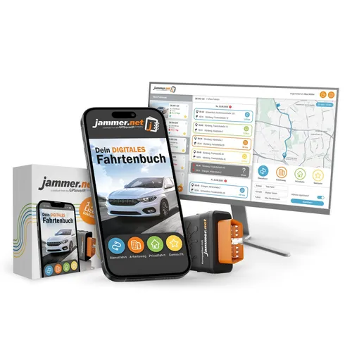 GPSauge jammer.net digitales Fahrtenbuch mit OBD2-Stecker - Das finanzamtkonforme digitale Fahrtenbuch von jammer.net erfasst automatisch alle Fahrten per App. Ideal für Unternehmer und Pendler – einfach OBD-Stecker anschließen und Zeit sowie Aufwand sparen!