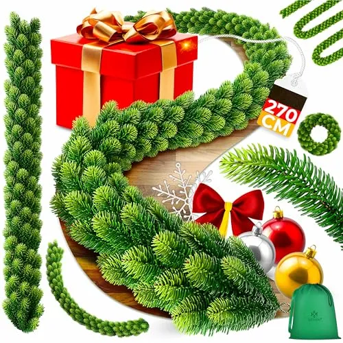 KESSER® Weihnachtsgirlande 2,7m lang | dicht – Naturgetreues Tannengrün - wie echt - IP 44 Outdoor & Indoor Girlande - Treppen, Tür, Balkon, Weihnachtsdeko + Tasche - Dunkelgrün