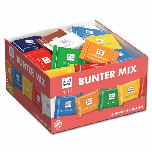 Ritter-Sport Minischokolade Mini Bunter Mix, Vorratsbox, 84 Stück - Schokolade, 84 einzeln verpackte Täfelchen in 8 köstlichen Sorten – ideal zum Teilen und Genießen! Perfekt für Feiern oder als süßer Snack für unterwegs.