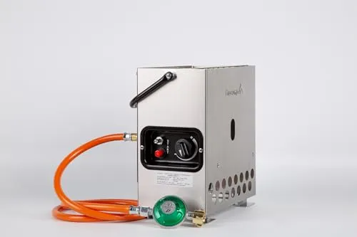Gazcamp Heatbox 2000 Edelstahl Gasheizung - Heizgeräte für den Außenbereich mit regulierbarer Leistung bis 2,2 kW und Sicherheitsfunktionen wie Zündsicherung und Sauerstoffmangelsicherung.