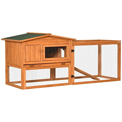 PawHut Hasenstall Kaninchenstall mit Freilaufgehege Bodenwanne, Rampe, Kleintierstall aus Holz Meerschweinchen Gehege mit 2 Etagen, Sichtfenster, für Zwergkaninchen 156x58x68 cm, Orange