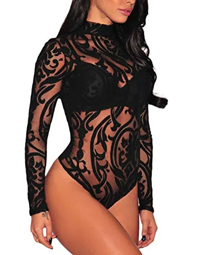 SEBOWEL Damen Body Sexy Transparent Mesh Langarm Bodysuit Tops (M, Schwarz)