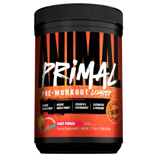 Universal Nutrition Animal Primal Powder (507,5 g, Fruit Punch) - Sportnahrung mit umfassender Pre-Workout-Formel für explosive Energie, mentale Konzentration und verbesserte Ausdauer – ideal für intensive Trainings!