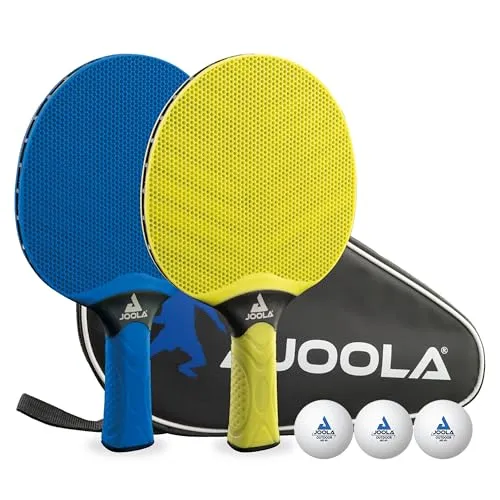 JOOLA Tischtennis Set Vivid Outdoor - 2 Schläger, 3 Bälle & Hülle - Tischtennisschläger Set für Outdoor, wetterfest und robust. Ideal für alle Altersgruppen und garantiert Spielspaß mit ergonomischem Griff und wind- sowie wetterfesten Bällen.