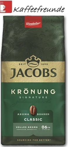 Jacobs Kaffeebohnen Krönung Classic Aroma-Bohnen 500 g - Geröstete Kaffeebohnen mit nussigem Geschmack und Zitrusnote, Intensität 6/10, ideal für Siebträgermaschinen und Kaffeevollautomaten. Frisches Aroma durch ganze Bohnen.