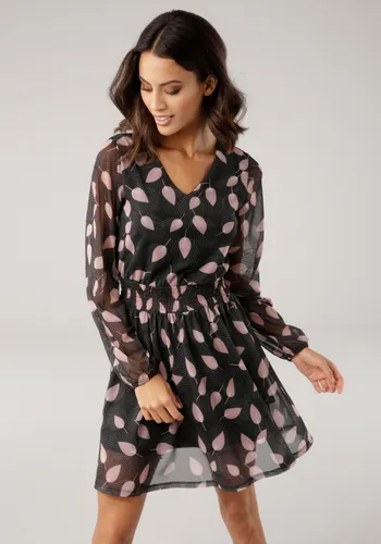 Laura Scott Meshkleid - Feminines Kleid für Jubiläumsfeiern und Theaterbesuche - Gemusterte Kleider mit elastischem Mesh-Material, taillierter Passform und V-Ausschnitt, ideal für besondere Anlässe oder entspannte Stadtbummel.