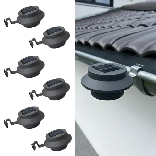 Dachrinnen Solarleuchten LED Lampen Schwarz - 6er Set - Zubehör für Außenbereiche, wetterresistente Solar-LED-Leuchten für stimmungsvolle Beleuchtung entlang von Regenrinnen und Zäunen.