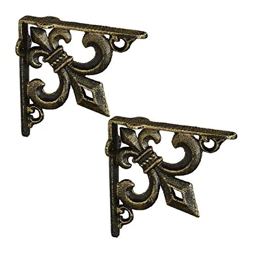 Relaxdays Regalwinkel antik, 2er Set, Regalträger Gusseisen, Lilien Ornament, Vintage Wandwinkel für Regalboden, Bronze