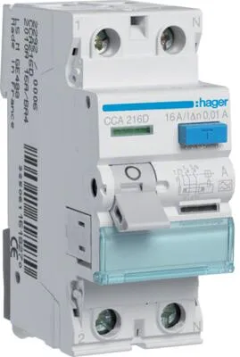 Hager CCA216D FI-Schutzschalter 2P 16A 10mA - Fehlerstromschutzschalter 2-polig mit Bi-Connect-Klemmen, externen Test-Taste und Fehlerstromanzeige, ideal für nachträglichen Anbau von Zusatzeinrichtungen.