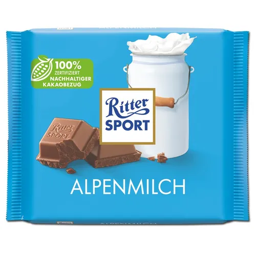 Ritter Sport Alpenmilch Schokolade 100g - Tafelschokolade mit 30% Kakaoanteil, cremig und zartschmelzend – ein Genuss für Schokoladenliebhaber!