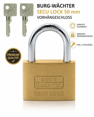 BURG-WÄCHTER Secu Lock 50mm Vorhängeschloss Messing 2 Schlüssel Sicher Stabil