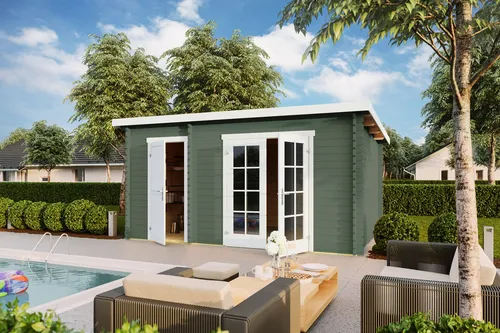Gartenhaus Blockhaus Pultdach 34 mm Belmont 2 grün - Gartenhaus aus robustem Holz mit 34 mm Wandstärke, 11.43 m² Nutzfläche und abschließbarer Doppeltür – ideal für Gartenlagerung oder als Rückzugsort.