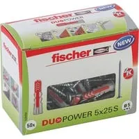 fischer DuoPower 5x25 S 2K Dübel mit Schrauben, 50 St. - Schrauben, Nägel, Dübel - Vielseitige Befestigungslösung für verschiedene Baustoffe mit extra Dübelkragen für sicheren Halt.