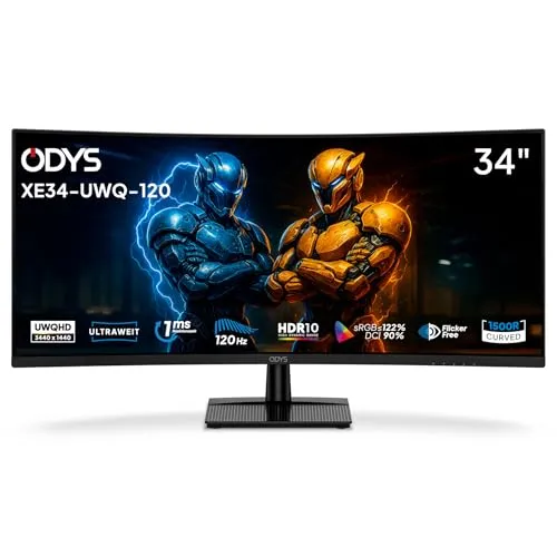 Odys XE34-UWQ-120 Curved Gaming Monitor - 34" UWQHD Gaming Monitor mit 120 Hz und 1 ms Reaktionszeit für flüssiges Gameplay. Brillante Farben dank HDR10 und Flicker-Free-Technologie für augenschonenden Komfort.