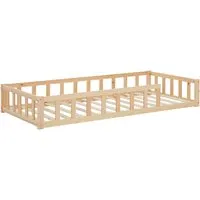 Homestyle4u Kinderbett Natur 90x200 cm mit Rausfallschutz - Robustes Montessori Bodenbett aus Kiefernholz, inkl. Lattenrost und Matratze. Niedrige Bauweise und umfassender Rausfallschutz für sicheres Schlafen und Spielen im Kinderzimmer.