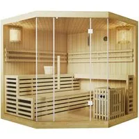 Saunakabine Espoo200 Premium - Wärmekabinen – Genießen Sie entspannende Saunagänge in der modernen Eck-Sauna für bis zu 5 Personen mit großer Glasfront und hochwertigem Hemlock-Tannenholz für ein optimales Raumklima.
